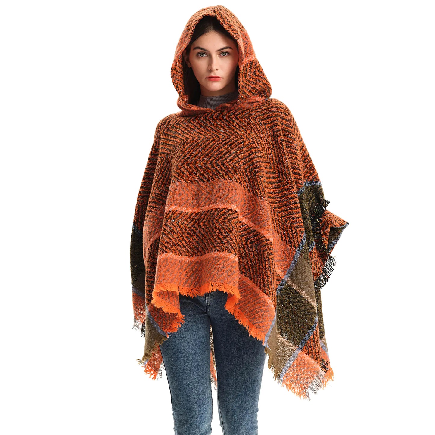 2022 Women's Hooded Houndstooth Cape Poncho
