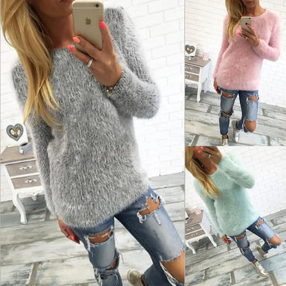 Round Neck Sweater, Long Sleeve Plush Top