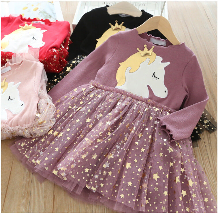 Girl's Long Sleeve Dress with Crown & Unicorn Design