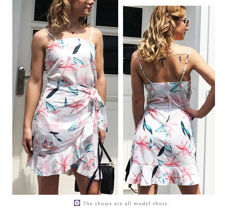 Leaf Print Cami Chiffon Dress - Irregular Short Skirt