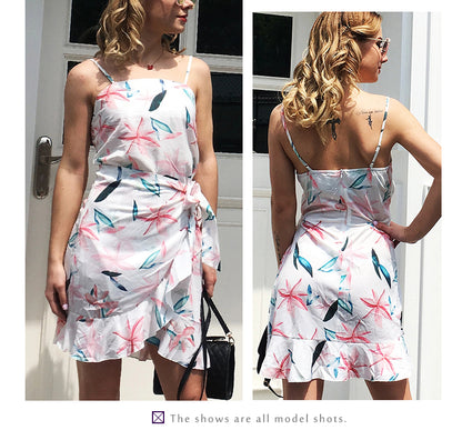 Leaf Print Cami Chiffon Dress - Irregular Short Skirt