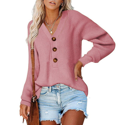 New Button Knitted V-Neck Sweater for Women