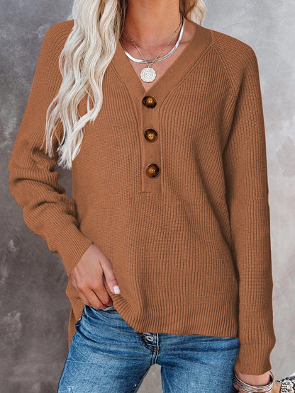 New Button Knitted V-Neck Sweater for Women