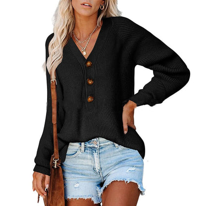 New Button Knitted V-Neck Sweater for Women