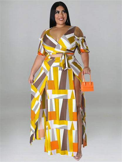 Plus Size Dress Sets Two Piece V Neck Printed Crop Top Big Swing Skirts