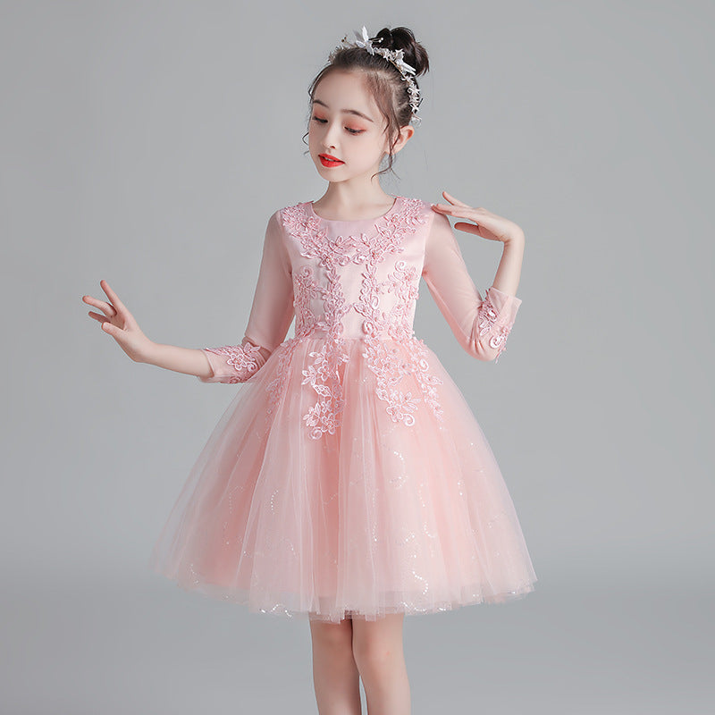 Champagne Girl's Puffy Catwalk Gown with Long Sleeves