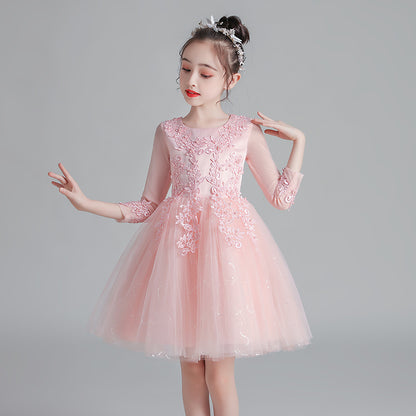 Champagne Girl's Puffy Catwalk Gown with Long Sleeves