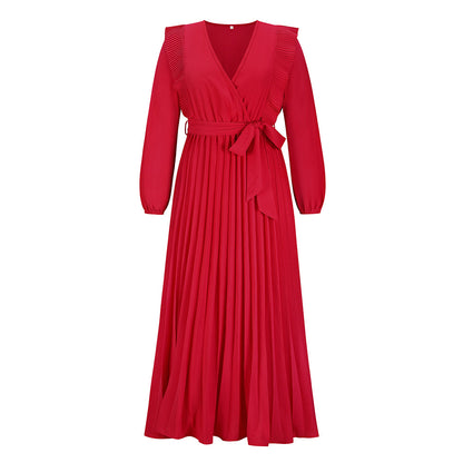 Autumn Winter Women's V-Neck Pleated Dress