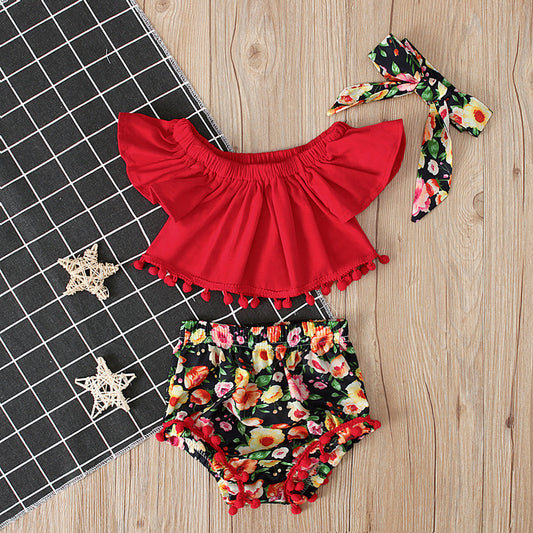 Summer Girls' Short Sleeve Top & Floral Shorts Set