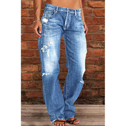 Women's Casual Mid-Waist Distressed Denim Pants