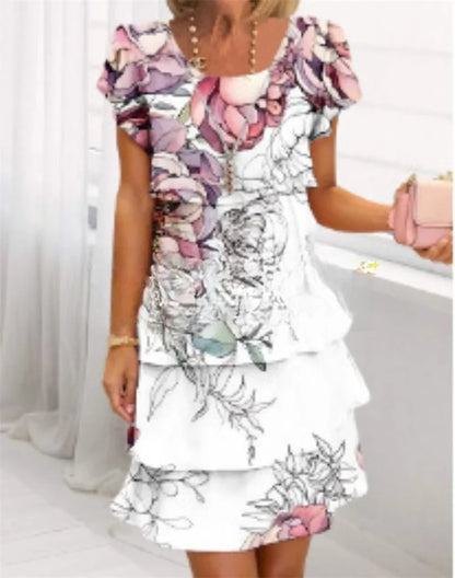 Chiffon Summer Short Sleeve O-Neck Print Loose Party Dresses