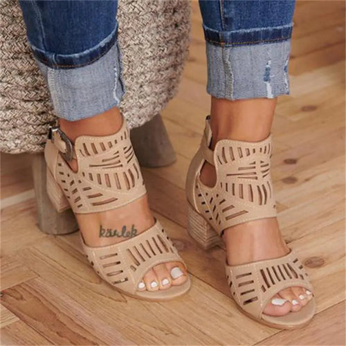 Cutout Floral Chunky Heels Women's Sandals