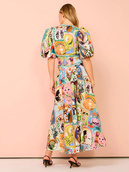Vestido de lino y algodón estampado con cuello en V