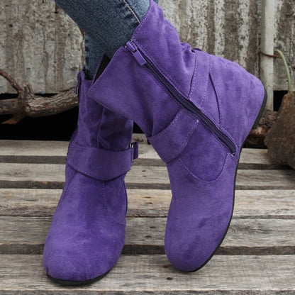 Ankle Boots  Round Toe Buckle Belt Side Zipper Boots