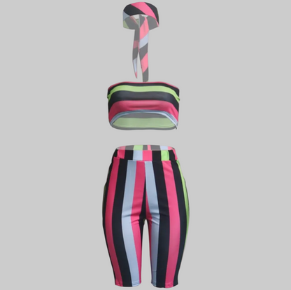 Colorful Striped Crop Top and Shorts Set