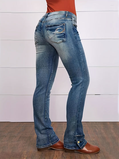 Women's Stretchy Straight-Leg Embroidered Denim Pants