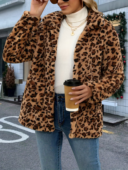 Leopard Print Coat Women's Plus Size Leopard Print Long Sleeve Coat