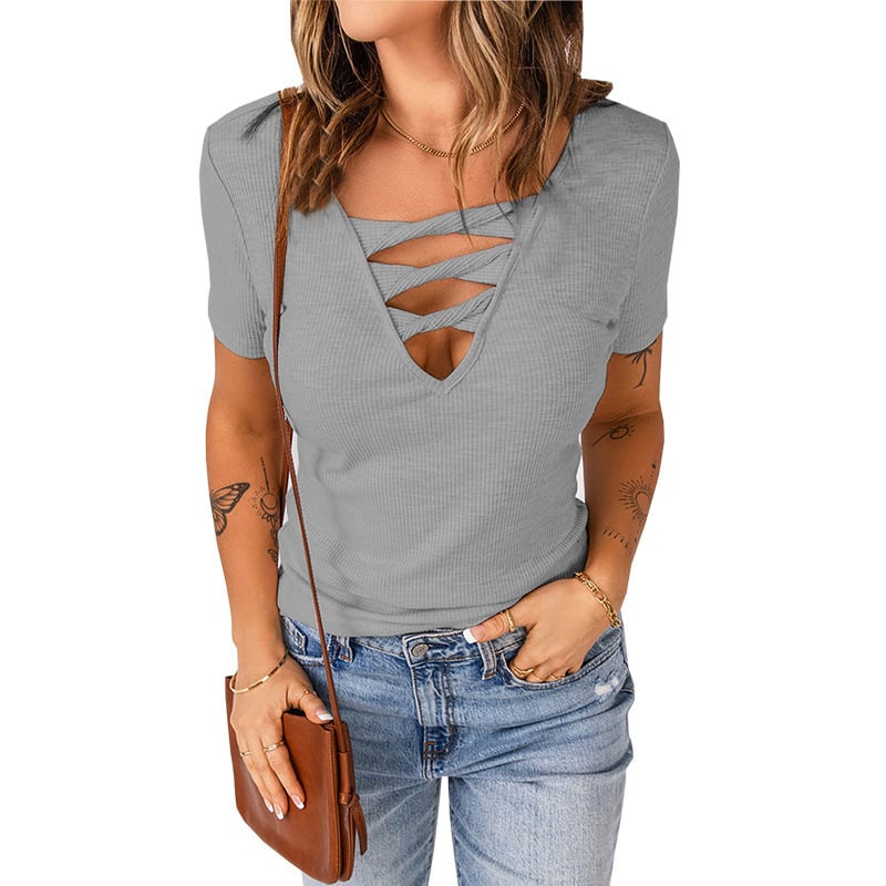 V-Neck Pullover Solid Color Women's Top