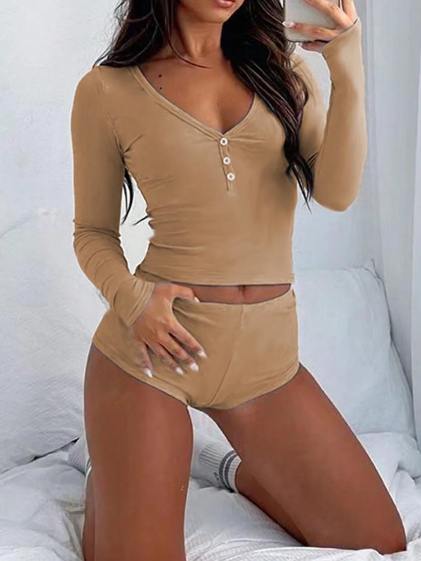 Women's Solid Color Slim Fit Long Sleeve T-Shirt And Hotpants Two Pieces Set