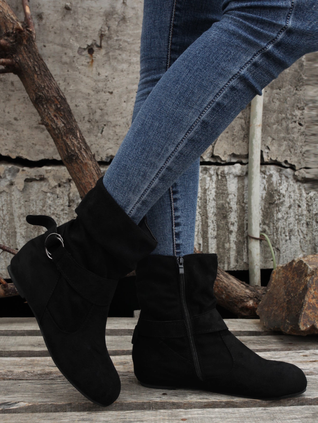 Ankle Boots  Round Toe Buckle Belt Side Zipper Boots