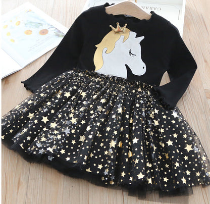 Girl's Long Sleeve Dress with Crown & Unicorn Design