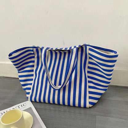 Large Capacity Canvas Shoulder Bag Simple Striped Tote Bag