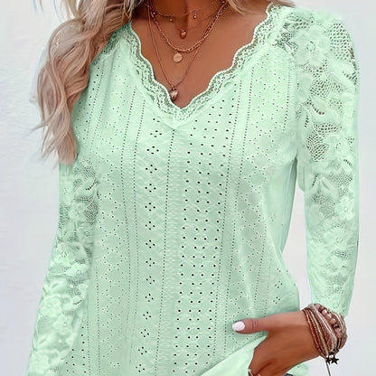 Chic Contrast Lace V-neck Eyelet T-Shirt