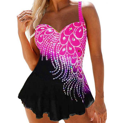 Plus Size Women's High Waist Feather Print Swimwear