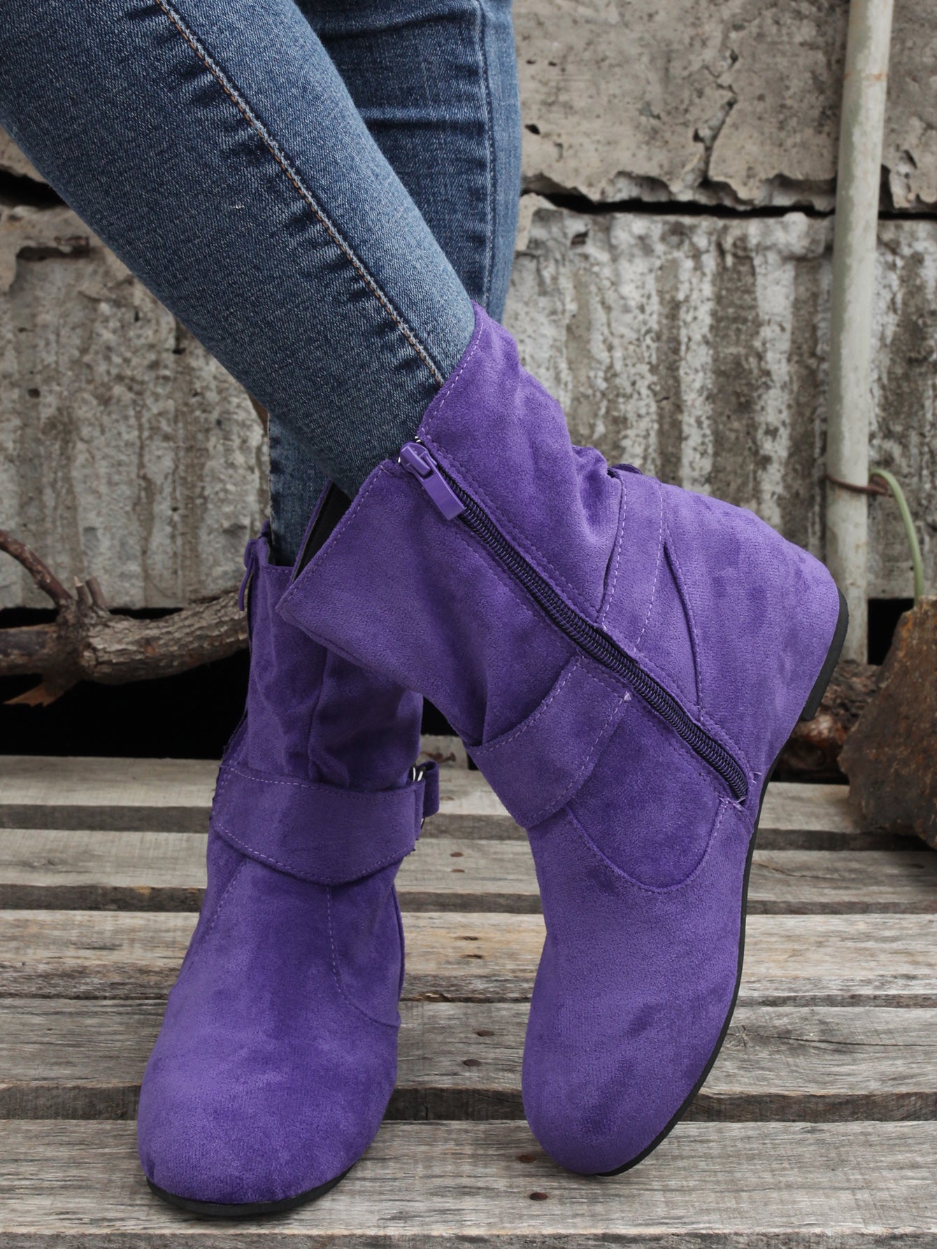 Ankle Boots Round Toe Buckle Belt Side Zipper Boots - Trendy Attic Store01