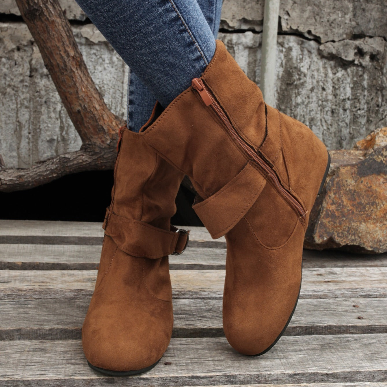Ankle Boots  Round Toe Buckle Belt Side Zipper Boots