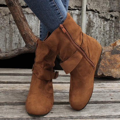 Ankle Boots  Round Toe Buckle Belt Side Zipper Boots