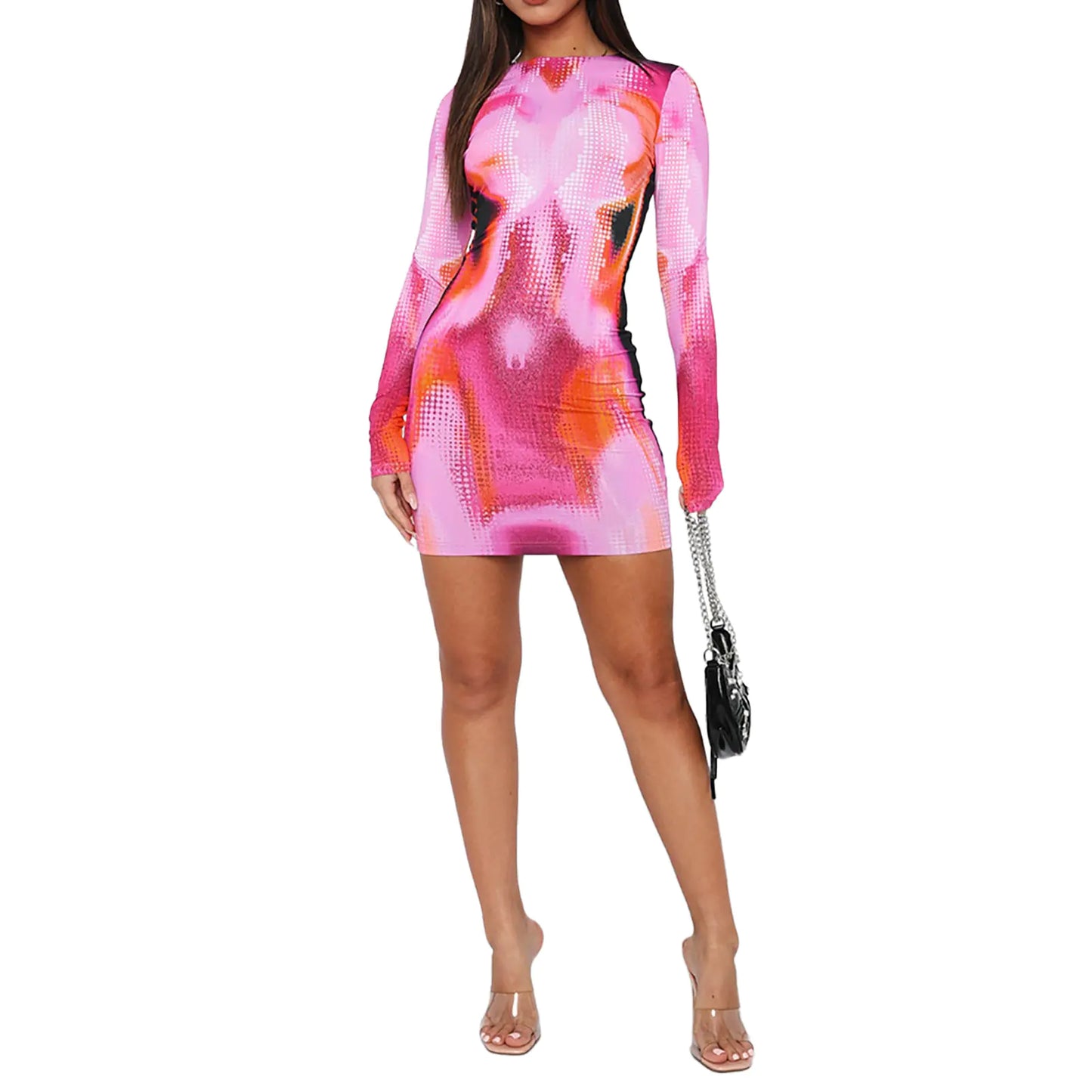 Fashion Printed Slim Fit Round Neck Long Sleeve Dress