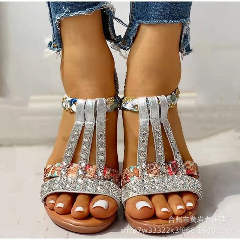 Women's Bohemian High-Heeled Sandals with Rhinestones