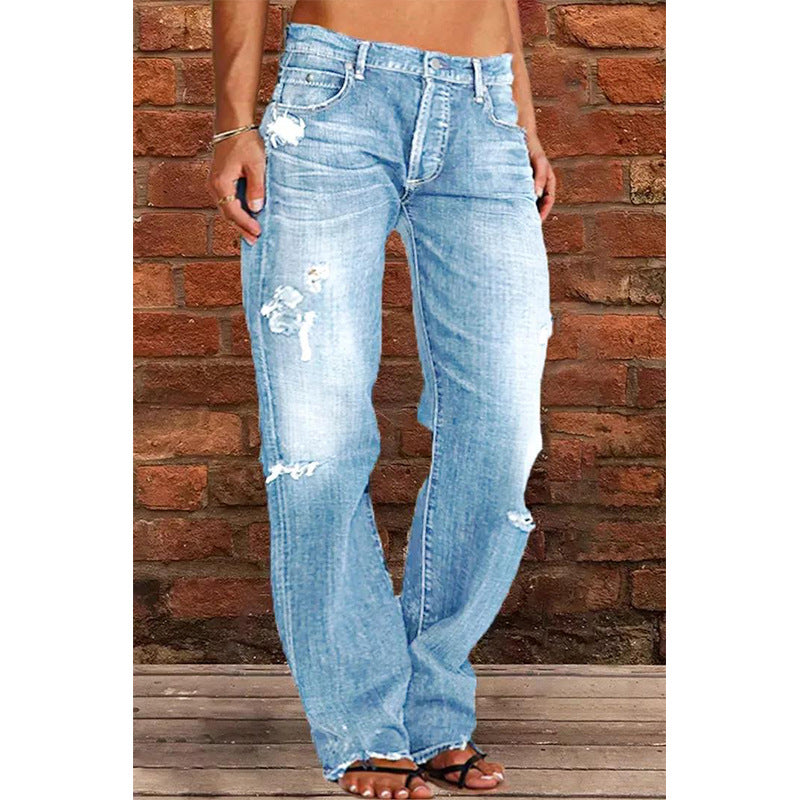 Women's Casual Mid-Waist Distressed Denim Pants