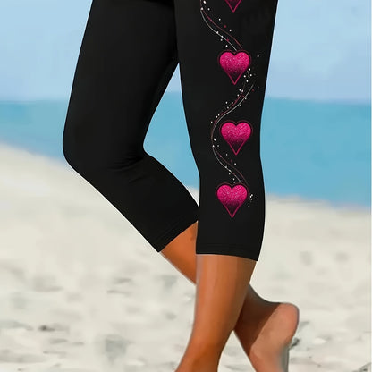 Heart Print Capri Leggings for Women