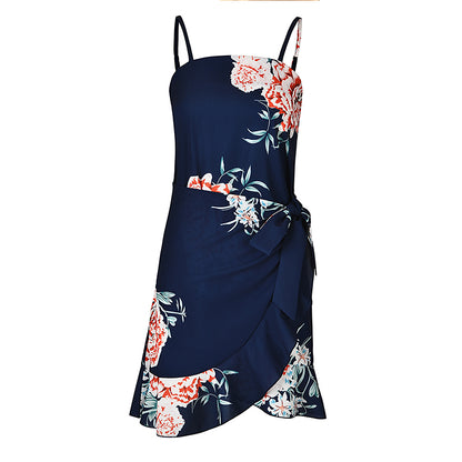Leaf Print Cami Chiffon Dress - Irregular Short Skirt