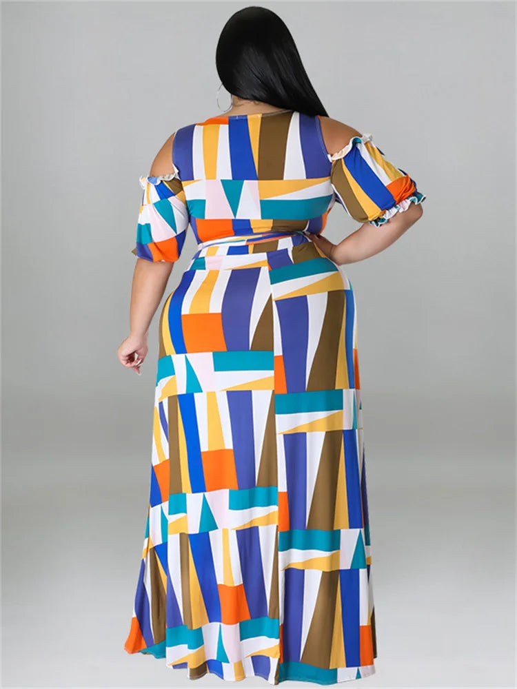 Plus Size Dress Sets Two Piece V Neck Printed Crop Top Big Swing Skirts