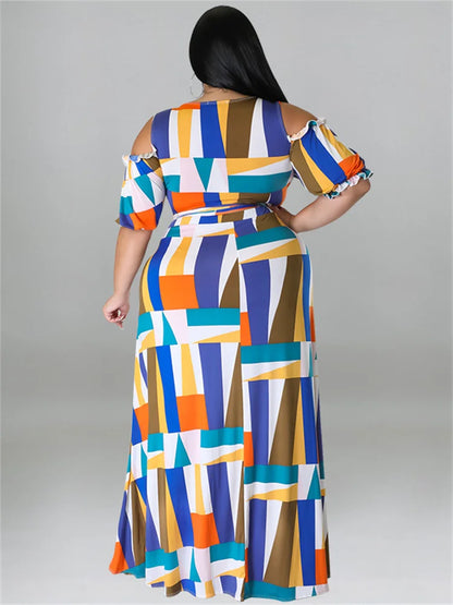 Plus Size Dress Sets Two Piece V Neck Printed Crop Top Big Swing Skirts