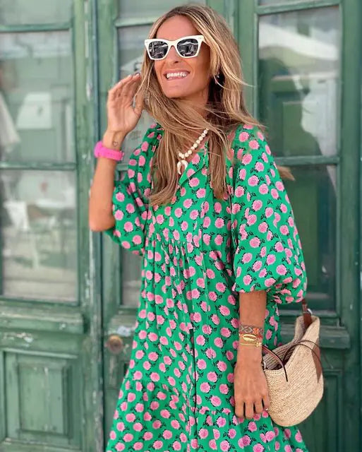 Women's Boho Floral Maxi Dress with Drawstring V Neck