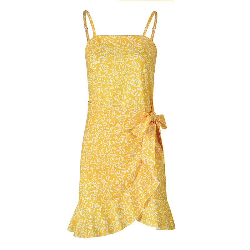 Leaf Print Cami Chiffon Dress - Irregular Short Skirt