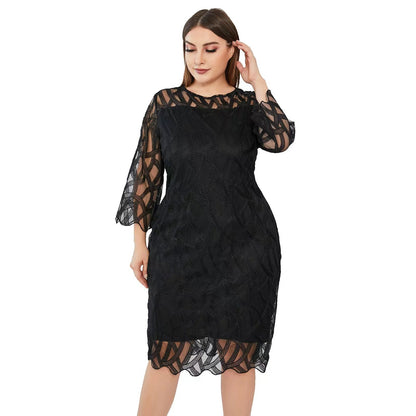 Embroidered Plus Size Double-Layer Round Neck Dress