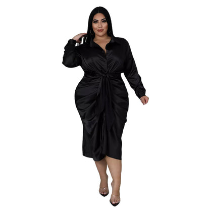 Elegant Plus Size Satin Ruched Long Sleeve Midi Dress