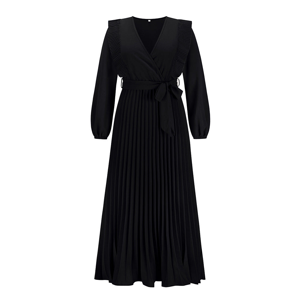 Autumn Winter Women's V-Neck Pleated Dress