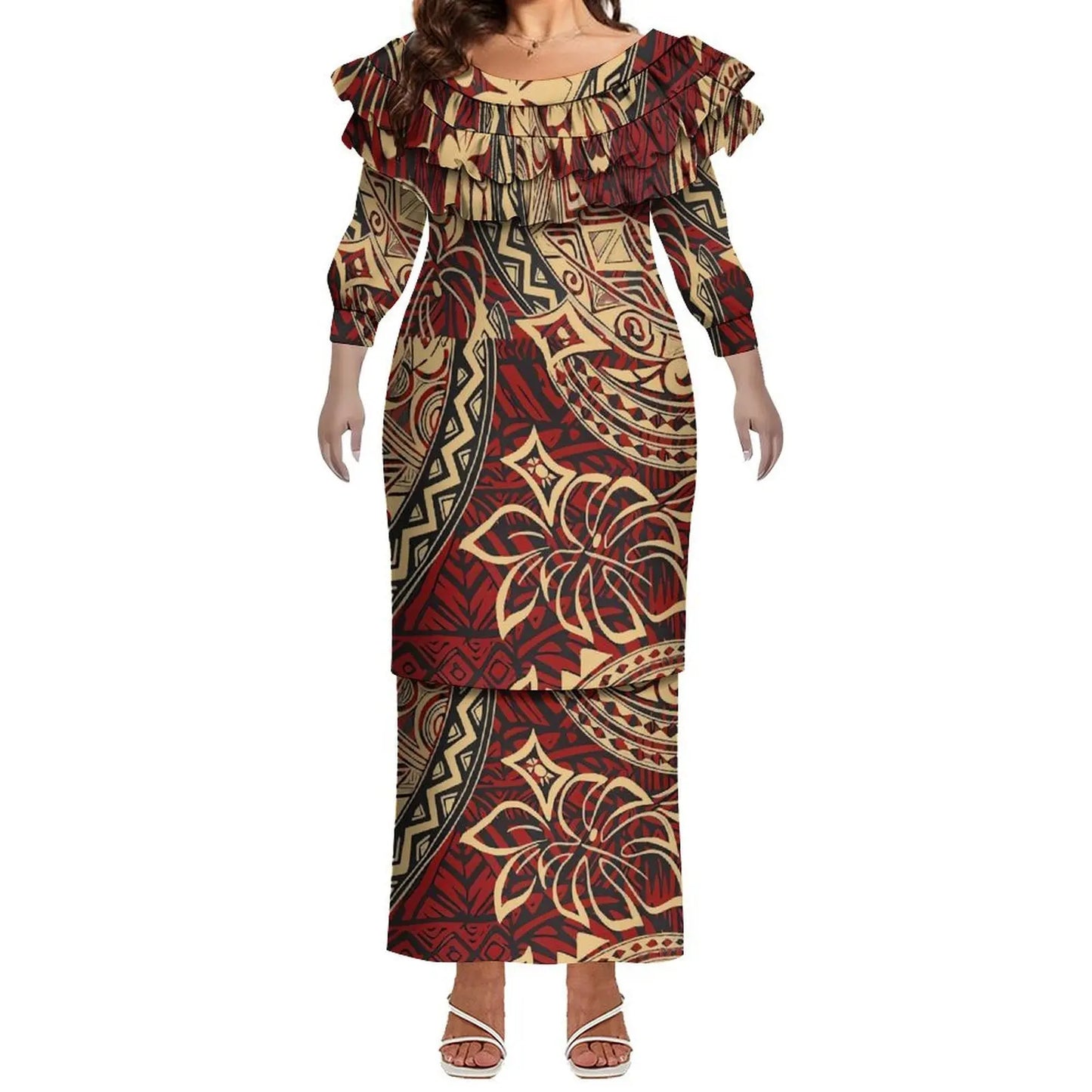Plus Size Women Hawaiian Print Full Sleeve Long Dress