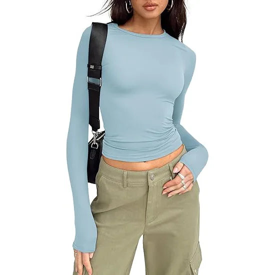 Women T-shirt Long Sleeve Crew Neck Solid Slim Fit Tee  Crop Top