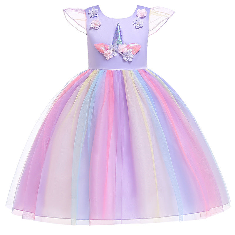 Unicorn Ruffle Sleeve Rainbow Dress for Girls