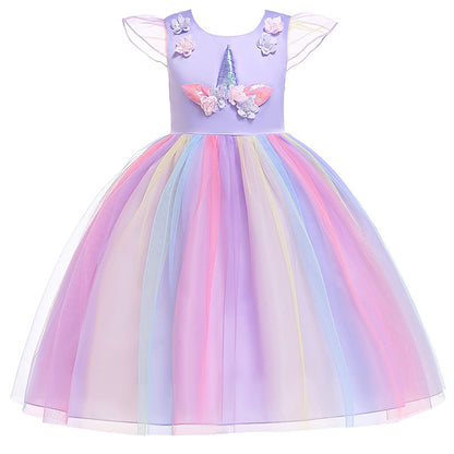 Unicorn Ruffle Sleeve Rainbow Dress for Girls