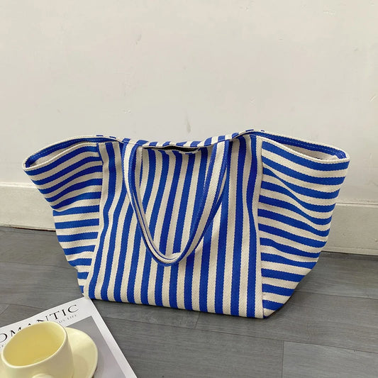 Large Capacity Canvas Shoulder Bag Simple Striped Tote Bag