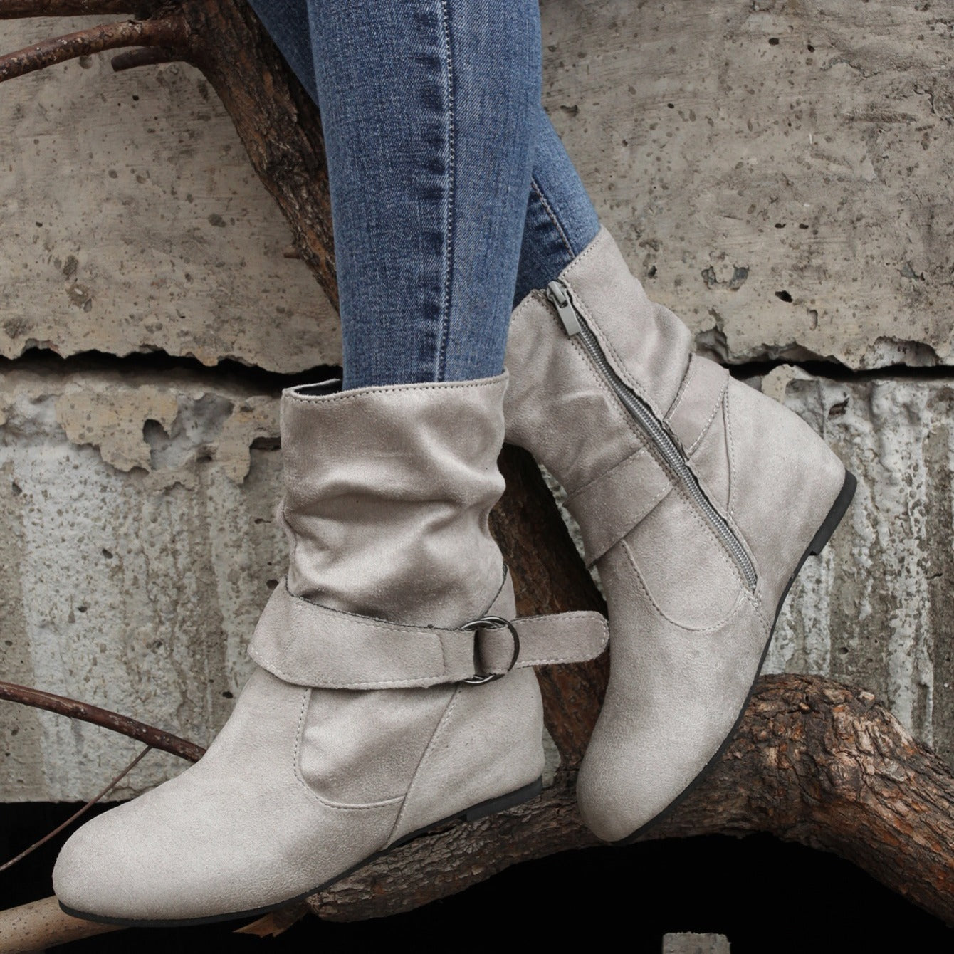 Ankle Boots  Round Toe Buckle Belt Side Zipper Boots