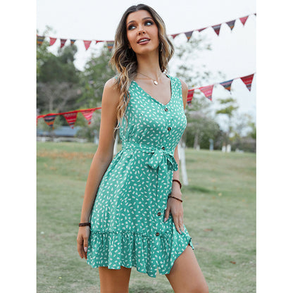 Summer V-Neck Button Sleeveless Dress with Ruffle Hem